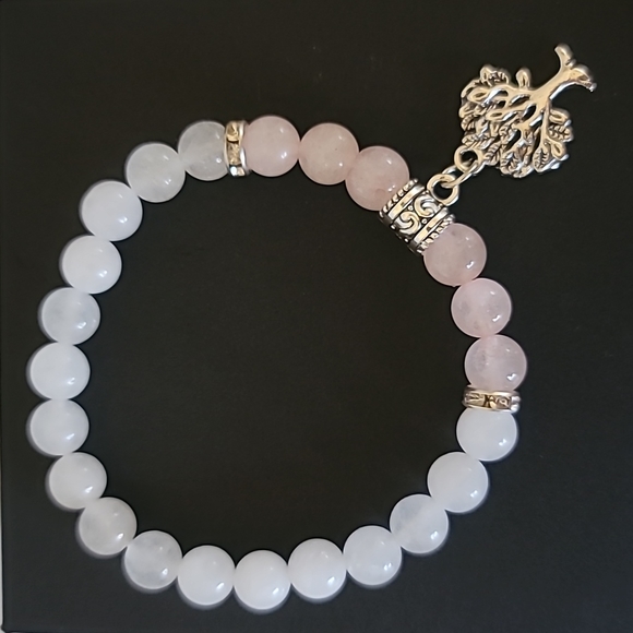 Rose Quartz & White Jade Tree of Life Charm Bracelet - Picture 1 of 8